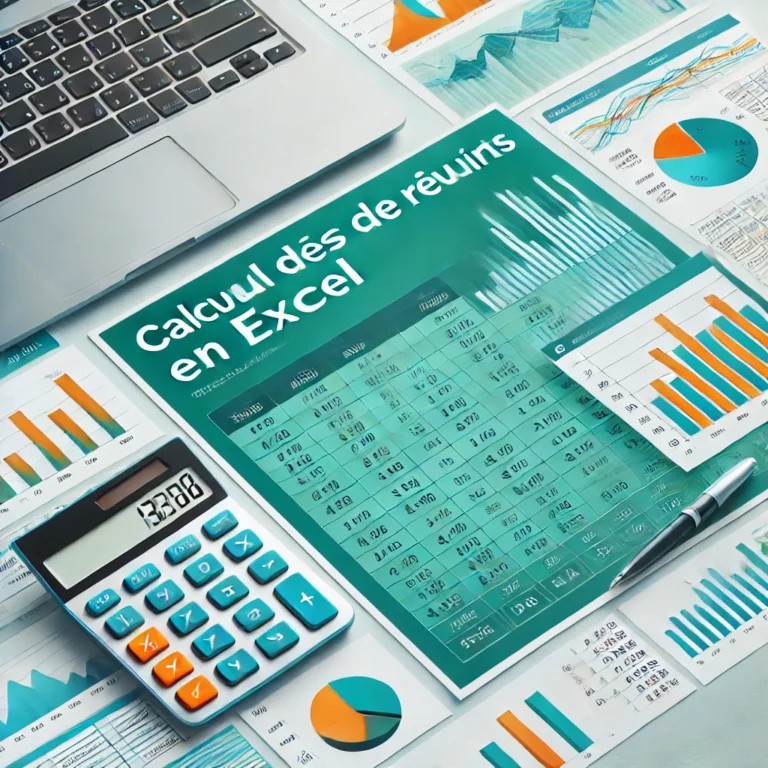 Image représentant un tableau Excel avec des calculs financiers, un graphique coloré et une calculatrice posée à côté d’un ordinateur portable.