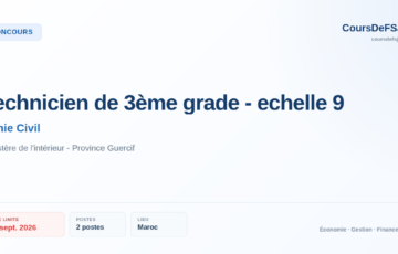 Concours de recrutement — Technicien de 3ème grade - echelle 9 - Ministère de l'intérieur Province Guercif — Ministère de l'intérieur - Province Guercif