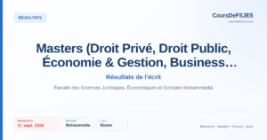 Résultats de l'écrit – Masters (Droit Privé, Droit Public, Économie & Gestion, Business Administration) – Faculté des Sciences Juridiques, Économiques et Sociales Mohammedia