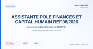 Concours – ASSISTANTE POLE FINANCES ET CAPITAL HUMAIN REF.06/2026 – Société des Silos Portuaires (SOSIPO)