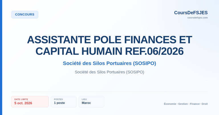 Concours – ASSISTANTE POLE FINANCES ET CAPITAL HUMAIN REF.06/2026 – Société des Silos Portuaires (SOSIPO)